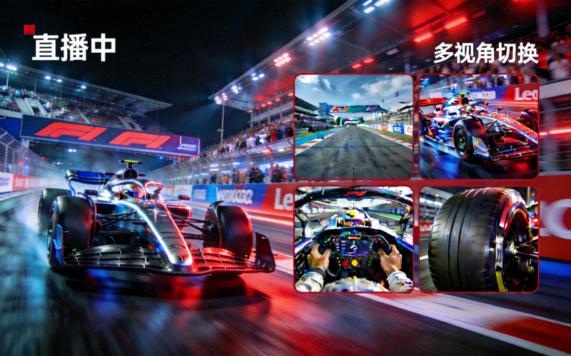F1赛车比赛直播画面 - 展示赛车飞驰而过和直播车多视角切换功能