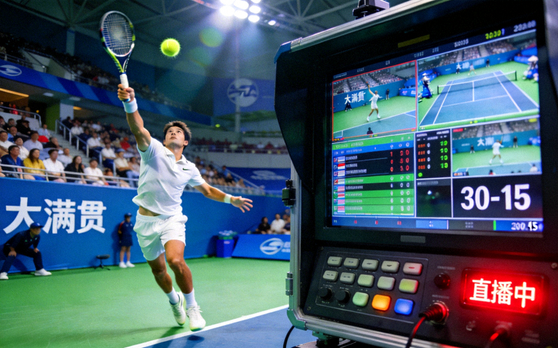 网球大满贯比赛直播画面 - 展示选手发球瞬间和直播车界面